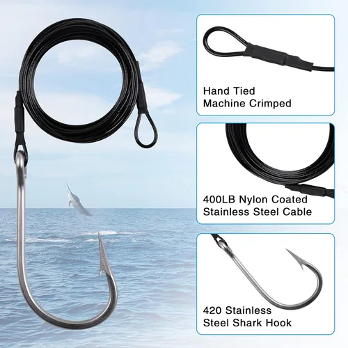 Vista 2 de Plataforma de tiburón de pesca, 2 unidades de aparejos de líder de pesca de surf con ganchos de atún y tiburón, cable de acero inoxidable, gancho