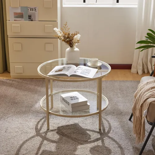 Vista 5 de VINGLI Mesa de Centro de Vidrio, Mesa de Centro Redonda de 25.6", Mesas de Centro de Vidrio Transparente para Sala de Estar, Mesa de Centro de 2