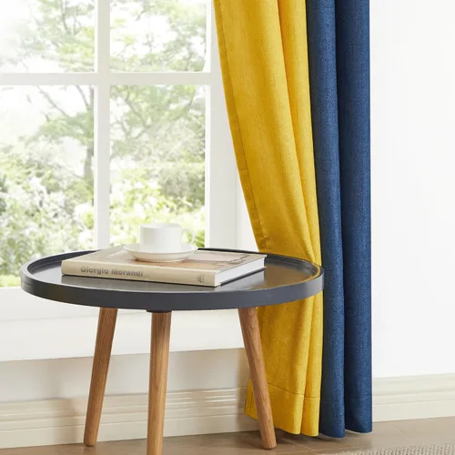 Vista 5 de PRIMROSE Cortinas de lino azul marino amarillo de 63 pulgadas de largo para sala de estar, juego de 2 paneles opacos con aislamiento térmico