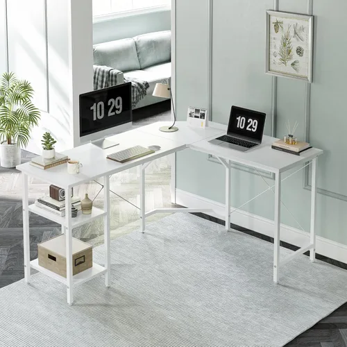 Vista 24 de CubiCubi Escritorio en forma de L de 59 pulgadas con puertos de carga USB y luces LED, escritorio de esquina para computadora con cajón y estante