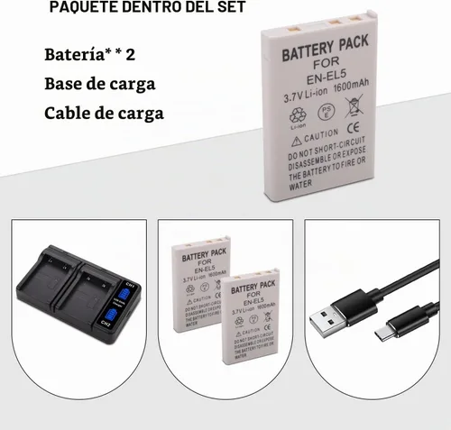 Vista 3 de Paquete de 2 baterías EN-EL5 con cargador dual para Nikon CoolPix P80, P90