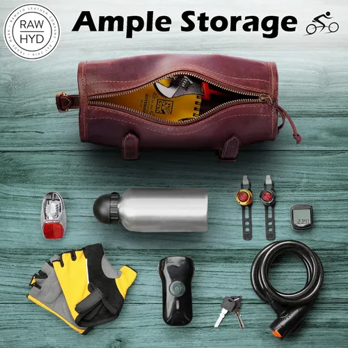 Vista 5 de RAW HYD Bolsa de manillar de cuero de grano completo para bicicletas y motocicletas – Bolsa de herramientas de bicicleta de estilo vintage