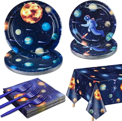 Suministros de fiesta del espacio exterior para 20 invitados, incluye platos de papel de planeta astronauta, servilletas, tenedores, mantel del