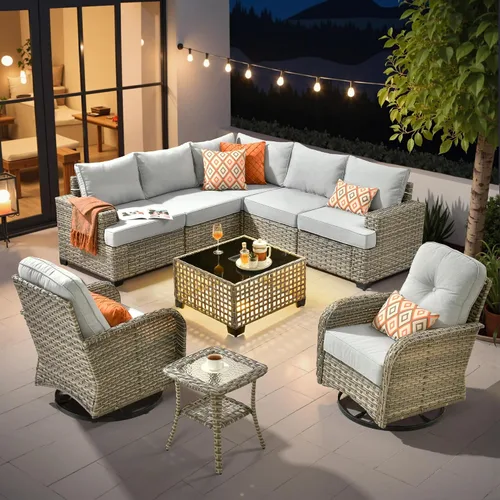 Vista 30 de HOOOWOOO Juego de muebles seccionales de patio con mesa de luz solar, 6 piezas de mimbre para exteriores, sofá en forma de L, juego de conversación