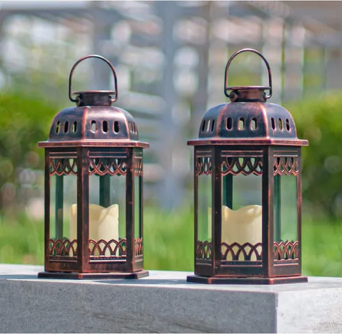 Vista 4 de SteadyDoggie Paquete de 2 faroles solares de bronce, faroles colgantes retro ornamentados con asa, linterna para exteriores con vela LED