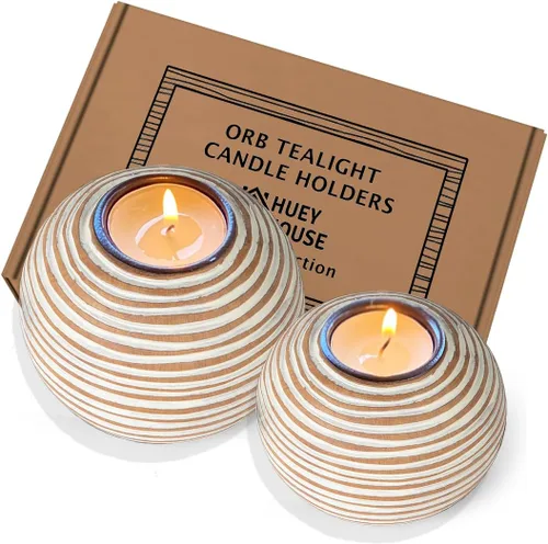 Vista 10 de Luca Orb - Portavelas (caja de regalo, juego de 2 unidades), diseño de cuadrícula, beige y blanco