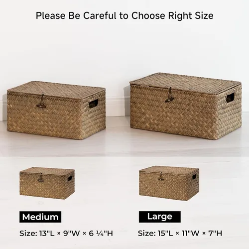 Vista 6 de StorageWorks Canastas de mimbre con tapa para organizar, canastas de almacenamiento de hierbas marinas para estantes, caja decorativa con asas