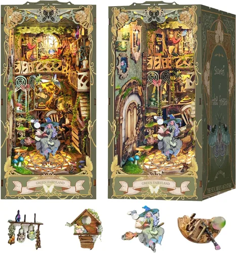 Vista 13 de Kit de rincón de libros de Navidad con luz LED, rompecabezas de madera 3D para decoración de estantes de libros, kit de casa de muñecas de Cabaña