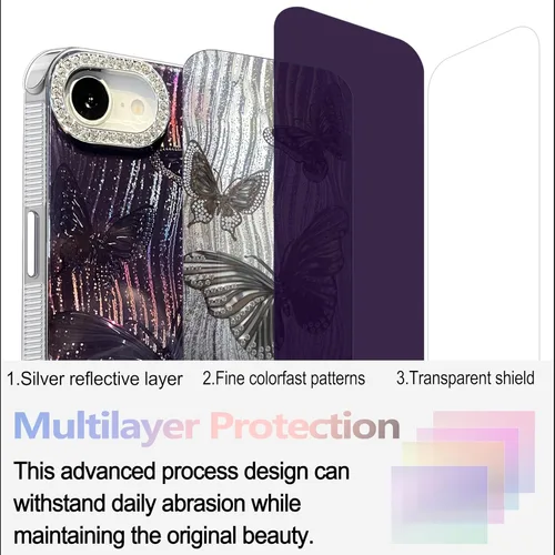 Vista 135 de I-MGAE-IN-AR - Funda diseñada para iPhone 12 y 12 Pro, diseño de mariposa plateada brillante, funda protectora de poliuretano termoplástico, suave