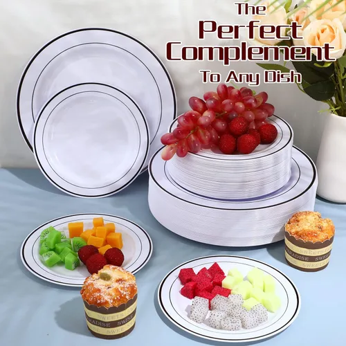 Vista 7 de Patelai 100 platos de plástico para fiestas, platos desechables resistentes, el juego de vajilla de plástico incluye 50 platos de cena de 10