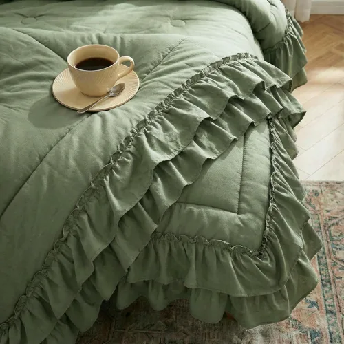 Vista 4 de Juego de Edredón Verde Aguacate de Tamaño Queen, Estilo Boho, Estilo Shabby Chic, 2 Capas, con Volantes, para Dormitorio, Decoración del Hogar