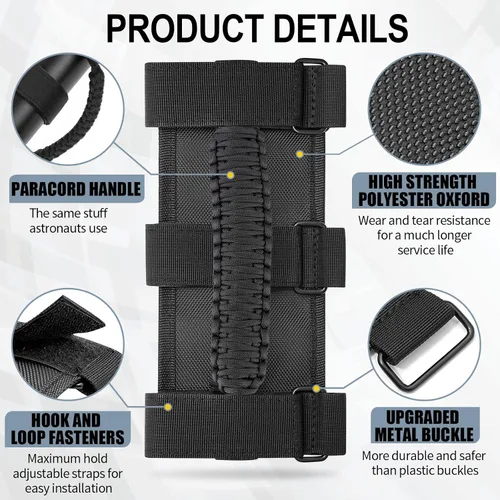 Vista 5 de moveland Asa de agarre compatible con Jeep Wrangler TJ YJ JK UTV, paquete de 4 asas de agarre de barra enrollable de lujo, fáciles de ajustar