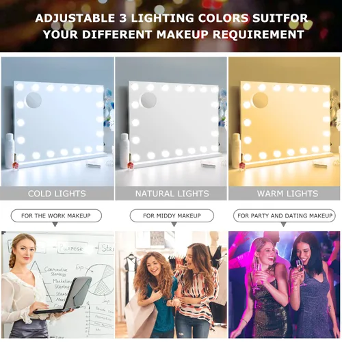 Vista 2 de Espejo de maquillaje con luces, aumento de 10X, espejo de tocador iluminado Hollywood con 20 bombillas LED regulables, 3 modos de color, control