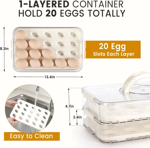 Vista 2 de Recipientes para huevos con tapa, bandeja de plástico para huevos con asa para 20 huevos, transparente, portátil, apilable, almacenamiento