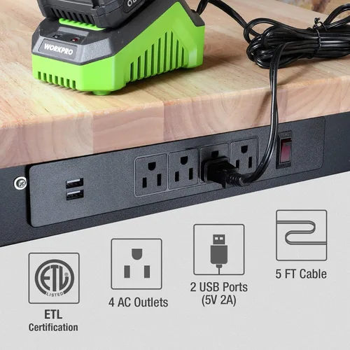 Vista 4 de WORKPRO Banco de trabajo ajustable de 60 pulgadas, estación de trabajo resistente con parte superior de madera de goma, capacidad de carga de 2000