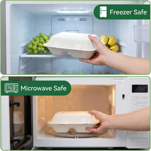 Vista 3 de Elsjoy Paquete de 90 recipientes para llevar con 2 compartimentos, contenedores de alimentos compostables con bisagras de 9 x 6 pulgadas, cajas