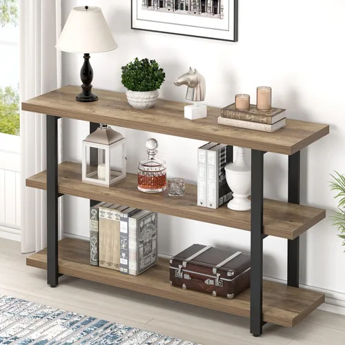 Vista 13 de FOLUBAN Mesa de entrada negra, mesas consola modernas con estantes de almacenamiento de 3 niveles para sala de estar, mesa de sofá de madera y metal