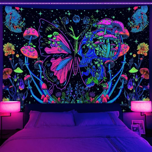 Vista 12 de Xiaoput Tapiz de pared de esqueleto reactivo a los rayos UV con calavera para dormitorio, sala de estar, decoración de dormitorio, 40 x 30 pulgadas