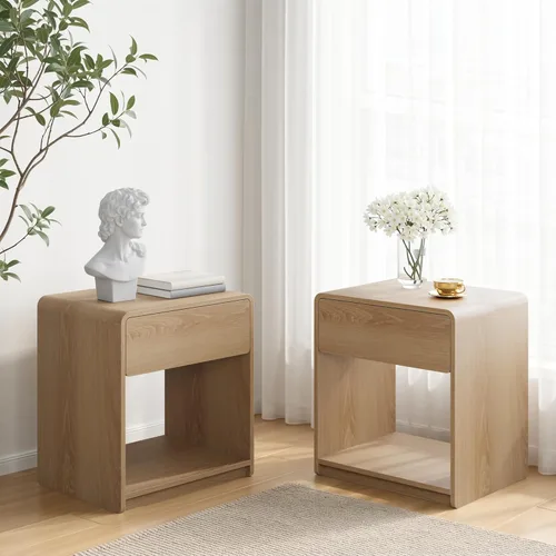 Wood Night Stand Set of 2, Modern Bedside Table with Curved Profile Design, Large End Table with Drawer and Open Storage for Bedroom, Oak