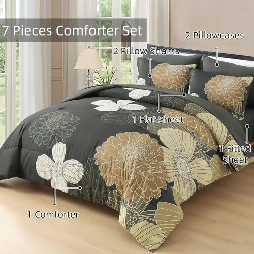 Vista 73 de Yiran - Juego de 7 piezas de edredón floral azul, juego de cama en una bolsa, tamaño Queen, juego de edredón de microfibra suave