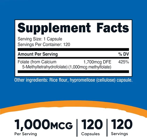Vista 2 de Nutricost Methylfolato 1000 mcg, 120 cápsulas vegetarianas - Sin gluten, sin OMG