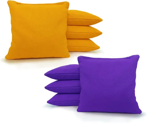 Tailgating Pros Bolsas de cornhole reglamentarias – Juego de 8 – Relleno de maíz y hecho a mano, más de 25 opciones de color Amarillo/púrpura