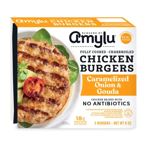 Amylu Foods - Hamburguesa de Pollo con Cebolla Caramelizada y Gouda, Ingredientes Naturales, 18g de Proteína, Pollo Criado sin Antibióticos,