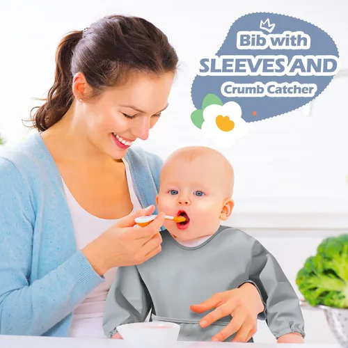 Vista 7 de JaGely Paquete de 4 baberos de manga larga para bebé, impermeables, de manga larga, babero para comer, babero de alimentación con receptor