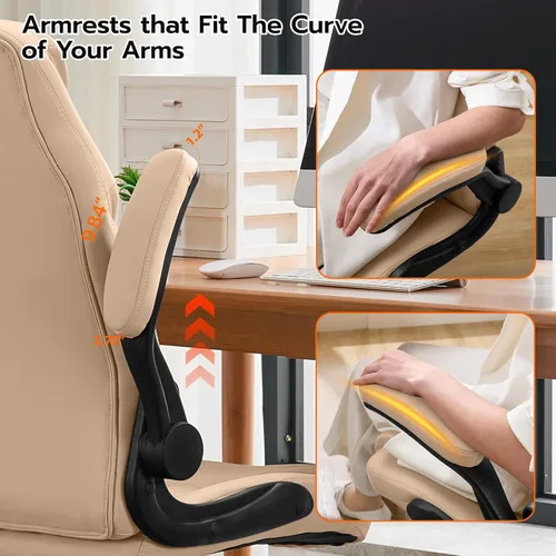 Vista 8 de Silla de Escritorio de Oficina, Silla Ergonómica para Computadora con Brazos Abatibles Acolchados y Soporte Lumbar Ajustable, Silla Ejecutiva