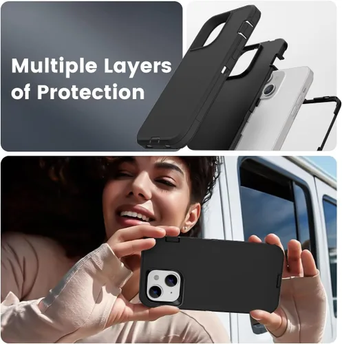Vista 3 de Compatible con iPhone 15/14/13, doble capa a prueba de golpes, cubierta de cuerpo completo, protección contra caídas de grado militar, funda Negro