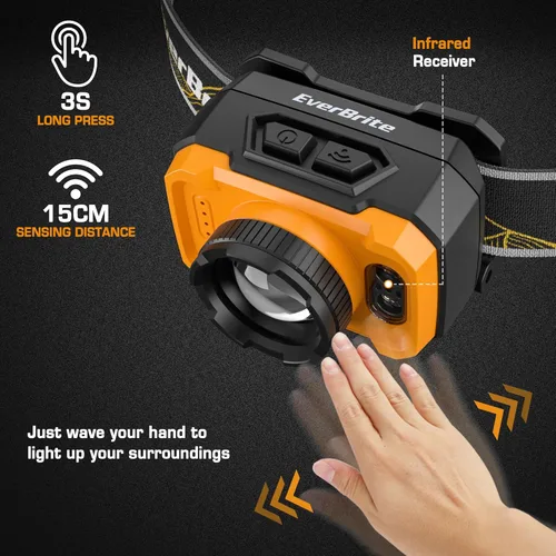 Vista 3 de EverBrite Linterna frontal de 600 lúmenes, faro recargable con 4 modos, lámpara de cabeza súper brillante con foco y luz de inundación, sensor