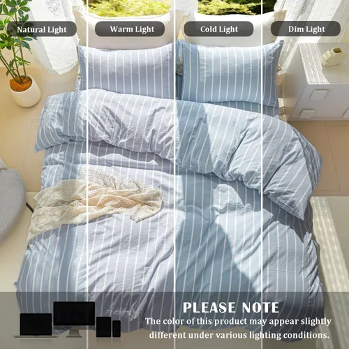 Vista 4 de DONEUS Juego de funda de edredón a rayas azules, 100% algodón lavado tipo lino, súper suave, transpirable, cómodo, juego de ropa de cama de 3 piezas