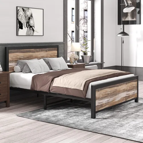 Vista 4 de HOMBCK Base de cama de plataforma de tamaño matrimonial con cabecero, marco de cama de metal con listones resistentes, marco de cama matrimonial