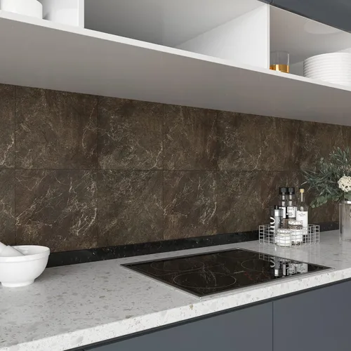 Vista 2 de VaryStyle 20 azulejos de pared de mármol marrón para despegar y pegar, azulejos de vinilo de 12 x 12 pulgadas, azulejos de baño impermeables