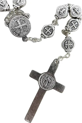 Vista 2 de Medalla de San Benito de plata oxidada, rosario de cuentas para proteger el exorcismo, 22 pulgadas
