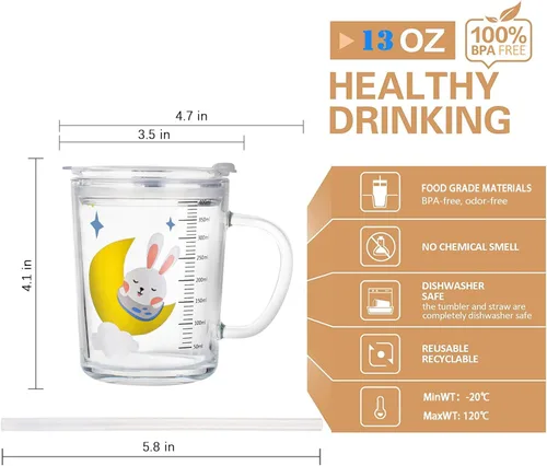 Vista 2 de Vaso de paja para niños con tapa y asa, bonito vaso de vidrio de 13 onzas con escala para agua, té, leche, café (conejo)
