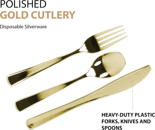 Vista 4 de Juego de cubiertos de plástico dorado, 160 unidades, cubiertos extra resistentes, cubiertos desechables, 80 tenedores, 40 cucharas, 40 cuchillos