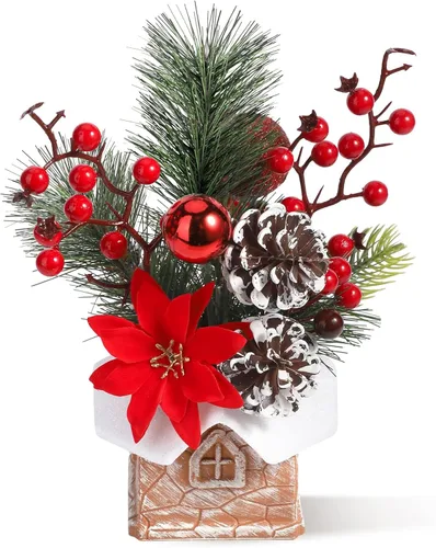 Vista 8 de Pequeño árbol de Navidad de mesa artificial, mini decoraciones de árbol de Navidad con adornos navideños, bayas rojas, piñas, vegetación para hogar