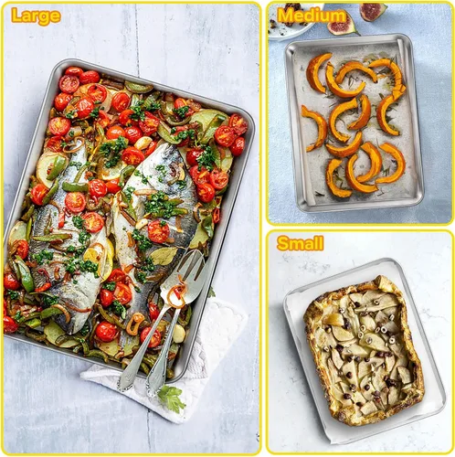 Vista 6 de E-far Juego de 3 bandejas para hornear galletas, 16/12.4/10.4 pulgadas, juego de sartenes de acero inoxidable para horno, bandeja rectangular