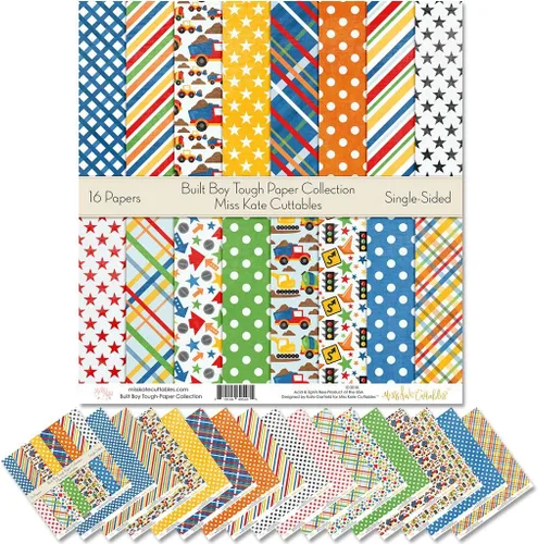 Pattern Paper Pack - Built Boy Tough - Scrapbook Premium Specialty Paper Single-Sided 12"x12" Collection Includes 16 Sheets - by Miss Kate Cuttables