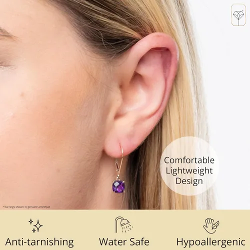 Vista 4 de Solid 10K Gold Cushion Cut Dangle Gemstone Earrings for Women 6mm Gemstone Birthstone Earrings Checkerboard 10 Karat Gold Dangle Drop Leverback