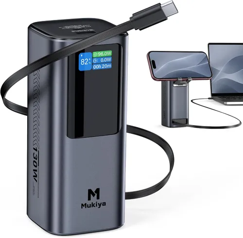 Mukiya Laptop Power Bank, 20,000mAh 130W Built-in Retractable USB C Cable
