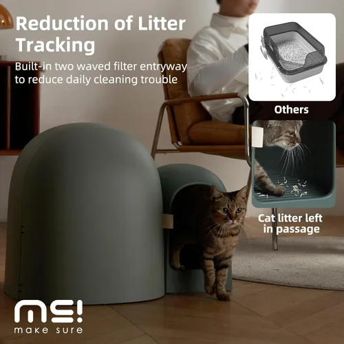 Vista 6 de MS!MAKE SURE Caja de arena para gatos, grande, oculta, a prueba de perros, cerrada, moderna, con cuchara, para control de olores y menos