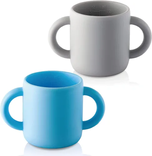 Paquete de 2 vasos de entrenamiento de silicona para bebés, 5 onzas (azul), 6+ meses