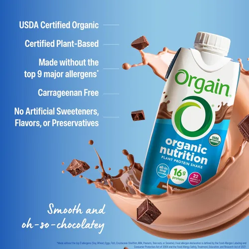 Vista 5 de Orgain Organic Nutritional Batido de Proteína Vegana Orgánico, Chocolate Suave - 16g Proteína a Base de Plantas, Sustituto de Comida, 22 Vitaminas