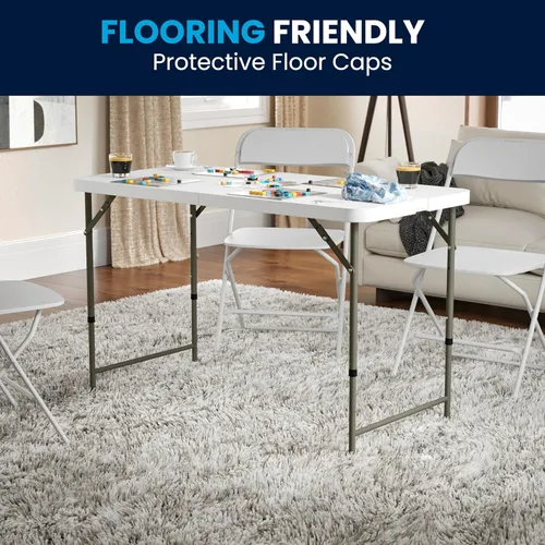 Vista 7 de Flash Furniture Mesa rectangular de plástico plegable de 4 pies con patas ajustables y asa de transporte, mesa de banquete portátil biplegable