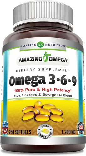 Amazing Omega 3.6.9 Suplemento | 1200 mg | Sabor a limón | Fórmula única de aceite de linaza, aceite de borraja, ácidos grasos | Sin OMG | Sin