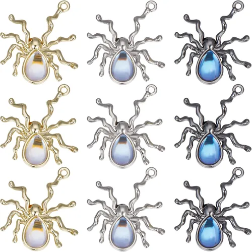 SUNNYCLUE 1 caja de 18 dijes de araña de estilo gótico para Halloween, dijes de resina con diamantes de imitación, imitación de ojo de gato, dijes