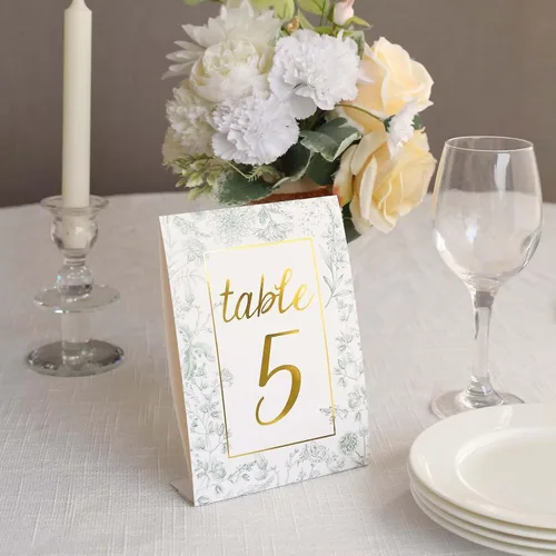Vista 10 de Efavormart - Paquete de 25 números de mesa de boda de papel blanco y azul de doble cara con impresión de números florales y dorados, tarjetas