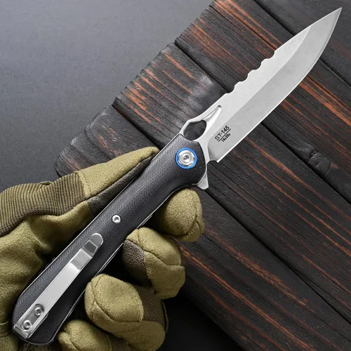 Vista 6 de Sitivien ST145 - Cuchillo de bolsillo plegable, hoja de acero 14C28N, mango G10 EDC herramienta cuchillo para supervivencia al aire libre, Negro